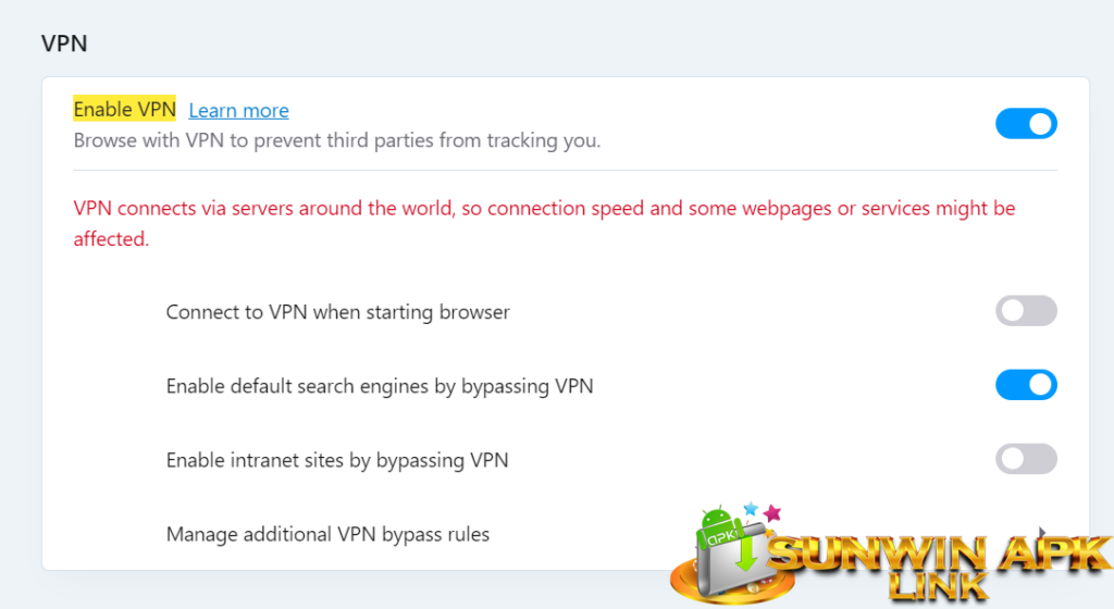 Mở VPN trên trình duyệt opera để truy cập Sunwin 